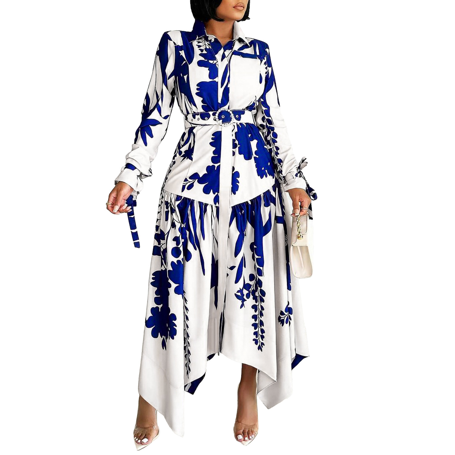 Plus Size Women's Fashion Dress with Irregular Collar, Elegant Printed Design for Cross Border Trade in Europe and America