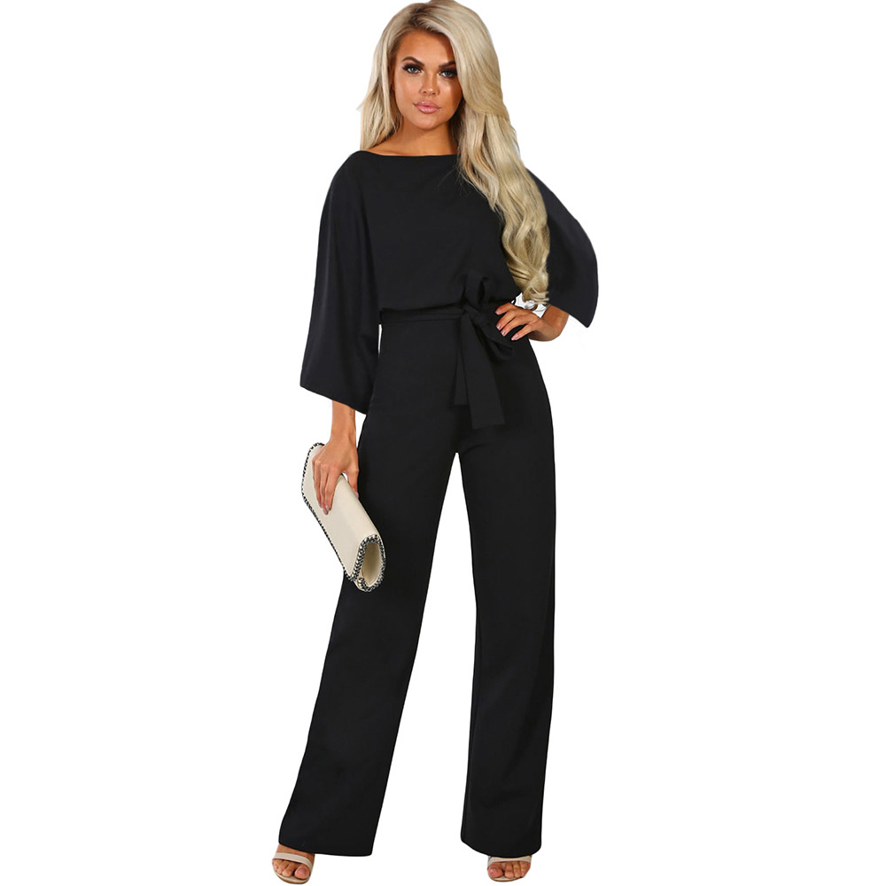 Womens Solid Color Loose Jumpsuit High Waist Tie Belt Three Quarter Sleeve Wide Leg Autumn Fashion Wholesale