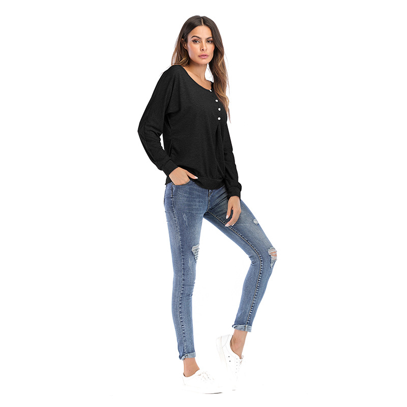 Womens Long Sleeve T Shirt Loose Fit Solid Color Button Detail Casual Wear for Everyday Use Wholesale Available