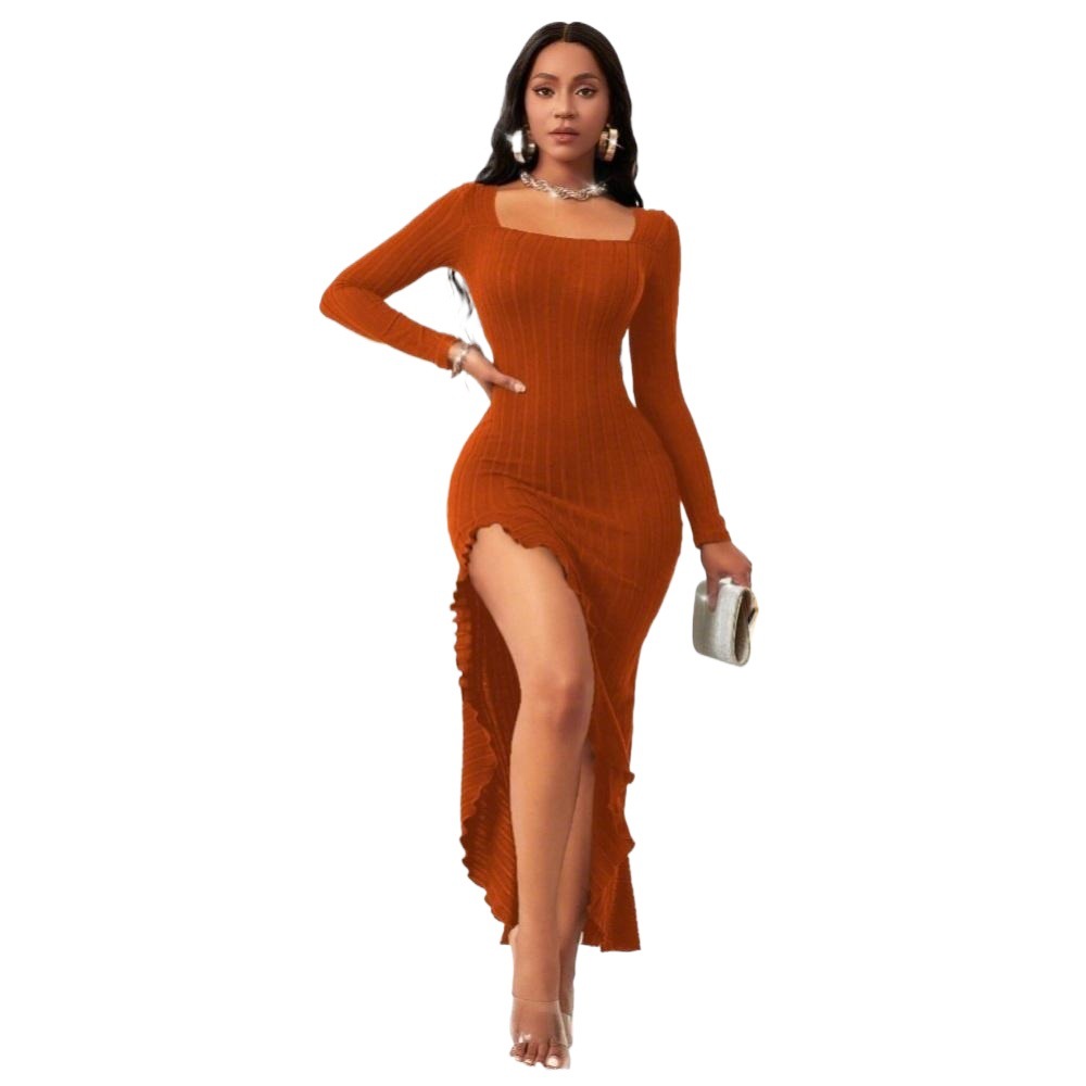 Elegant Midi Dress for Women Square Neck Chic Design Fall Winter Collection Perfect for Parties and Formal Events