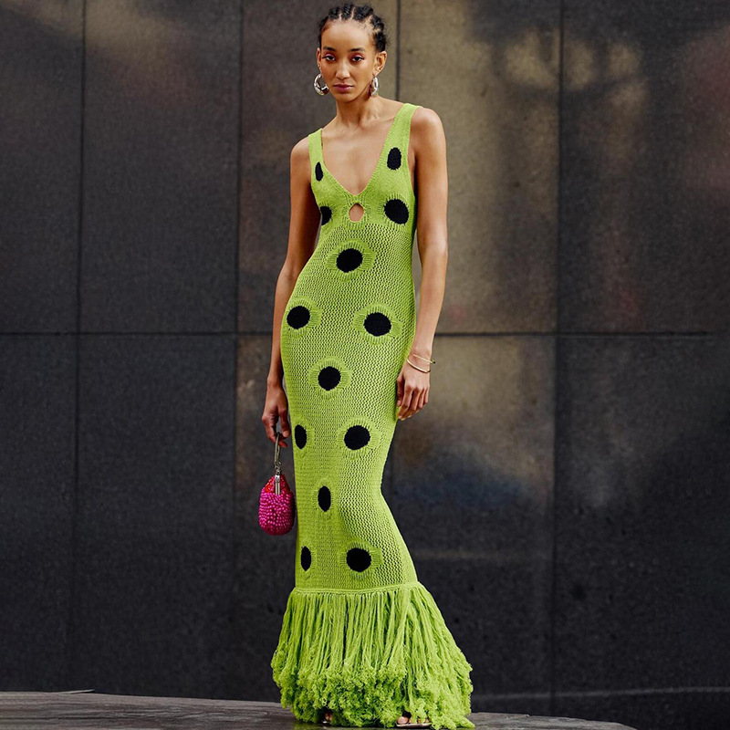 New Cross border European and American Women's Fashion Eye catching Sexy Sleeveless Polka Dot Printed Hollow Slim Dress