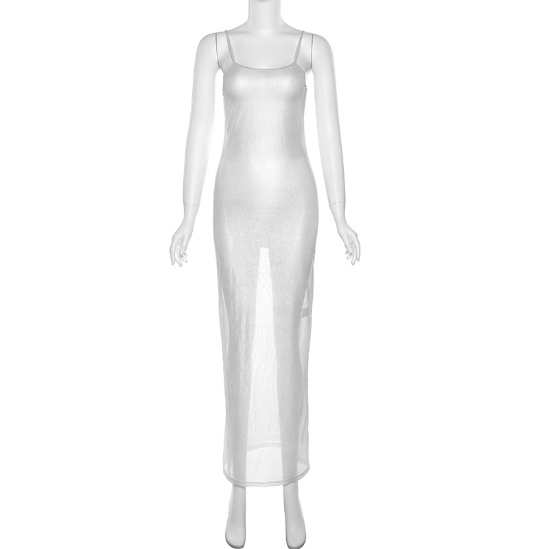 European and American Women's Fashion New Spring and Summer Nightclub Sexy Sheer Silver Slim Strap Dress
