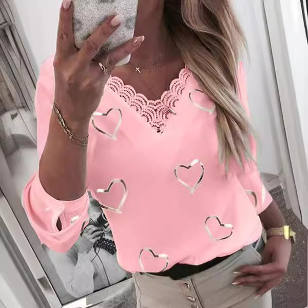 Heart Print V Neck Long Sleeve T Shirt for Women Summer Collection Casual Wear Ready to Ship Wholesale Available