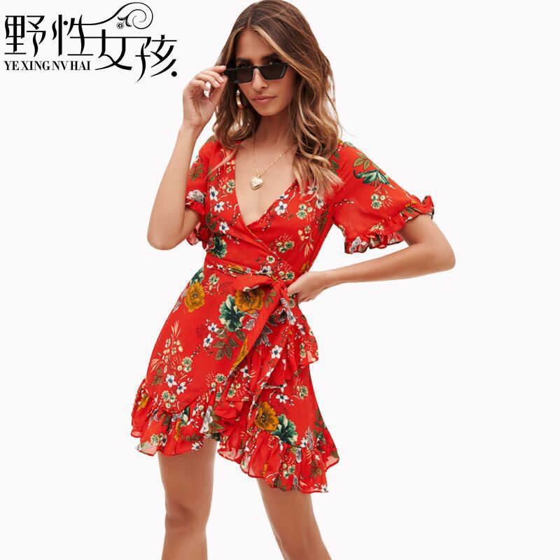 Floral Print V Neck Ruffle Hem Wrap Dress Elegant Design Comfortable Fit Versatile Style Perfect for Parties or