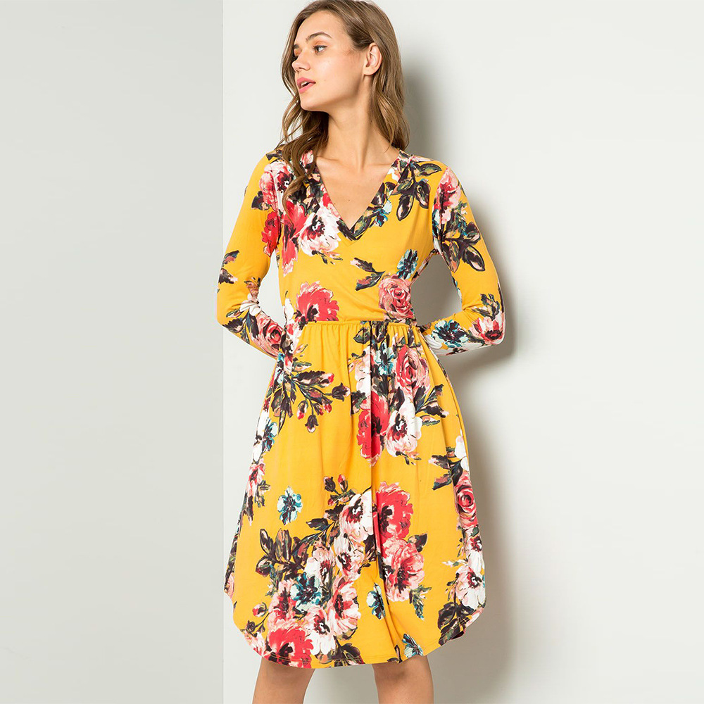 Floral Print Midi Dress V Neck Long Sleeve Lightweight Fabric Spring Summer Fashion for Women Wholesale Available