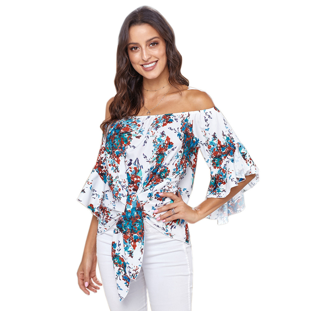 Off the Shoulder Crop Top Floral Print 3 4 Sleeve Casual Style Spring Fashion Wholesale Available