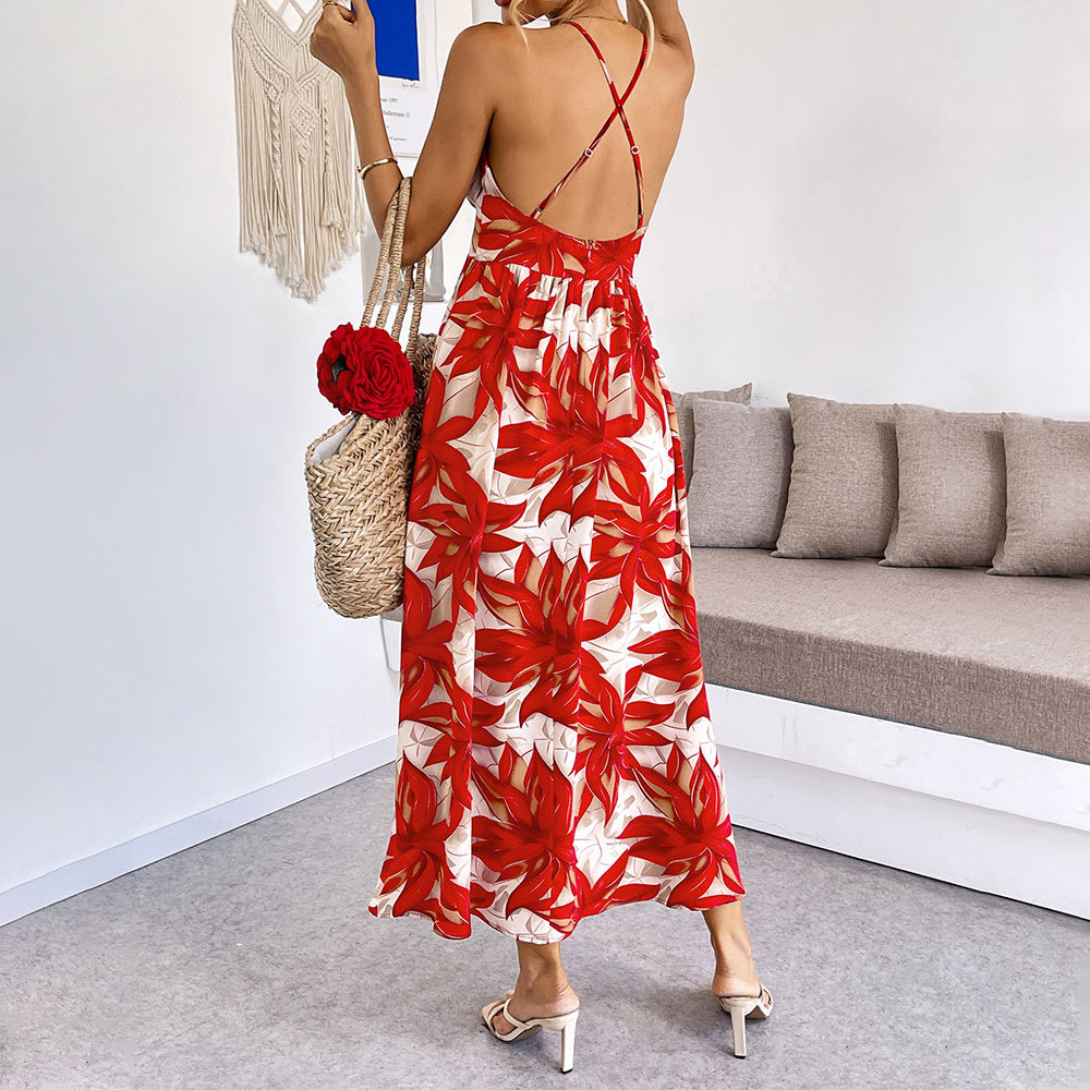 Casual Vacation Style Women's Dress Summer New Beach Maple Leaf Print Long Dress