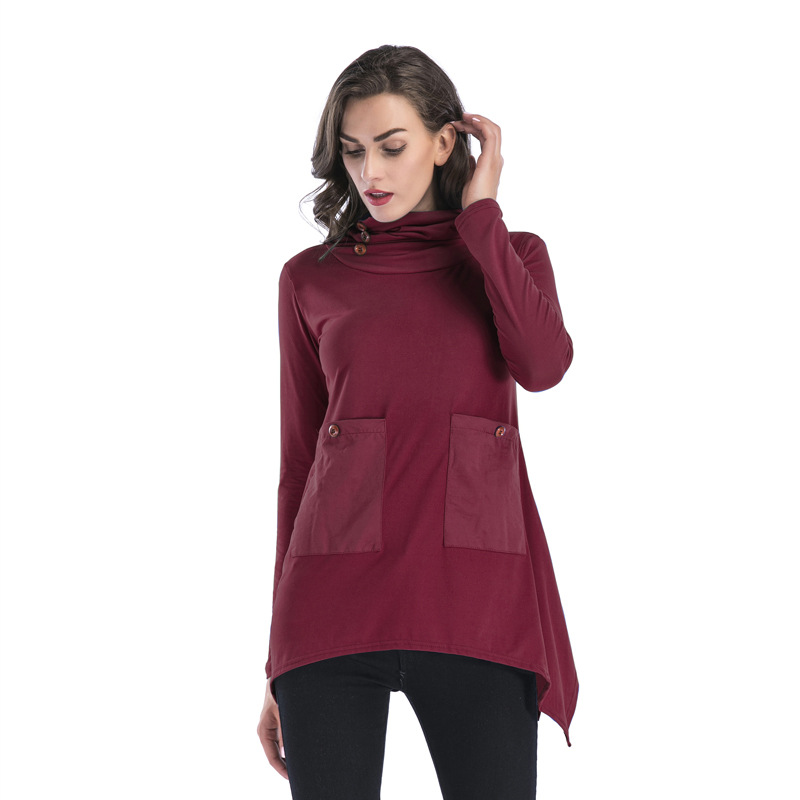 Womens Long Sleeve Pocket T Shirt Solid Color Irregular Hem Mid Length Casual Wear for Spring Wholesale Available