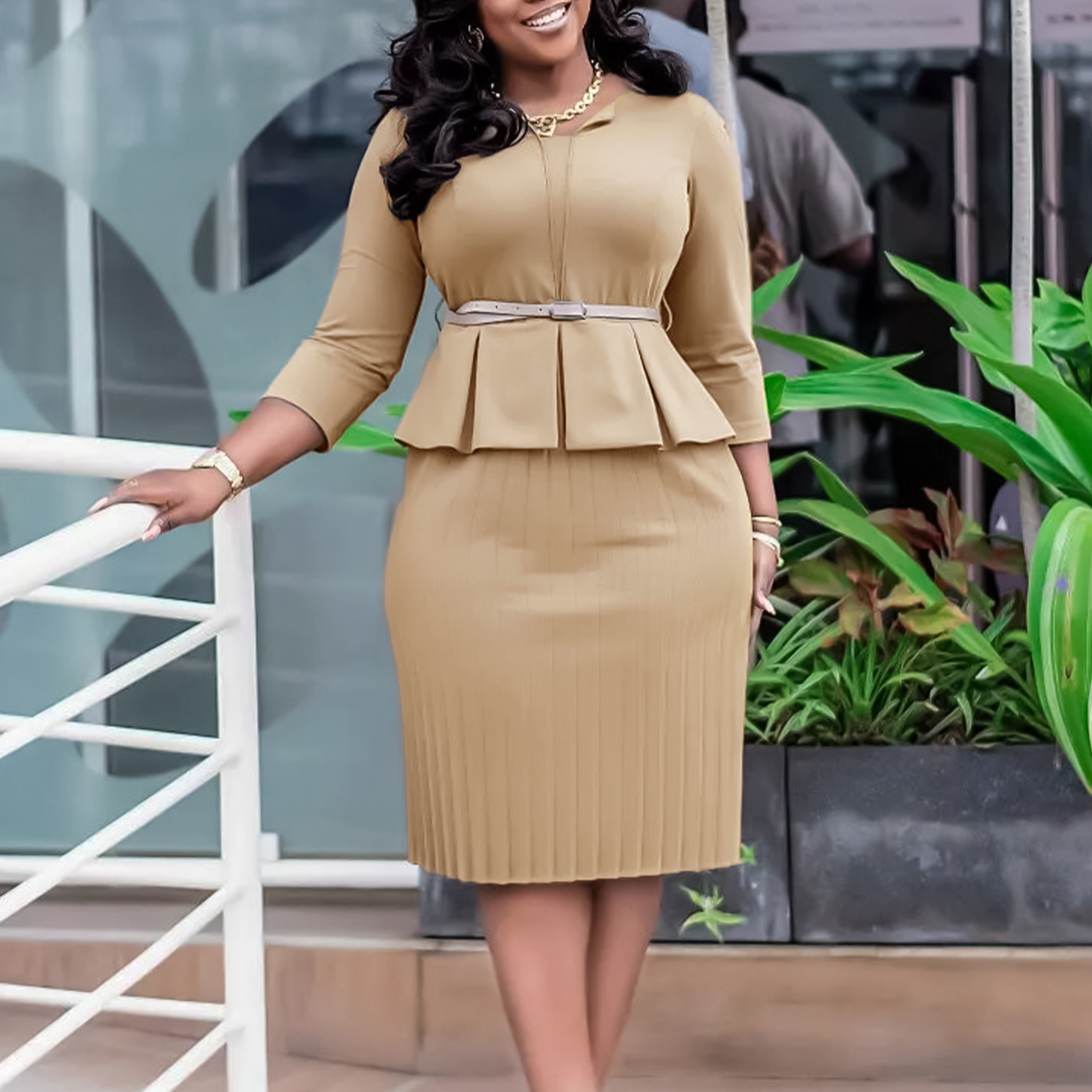 Women's V Neck Ruffled High Waist Pencil Skirt Dress for Winter, Slim Fit Office Commuter Style, Trendy and Elegant Design