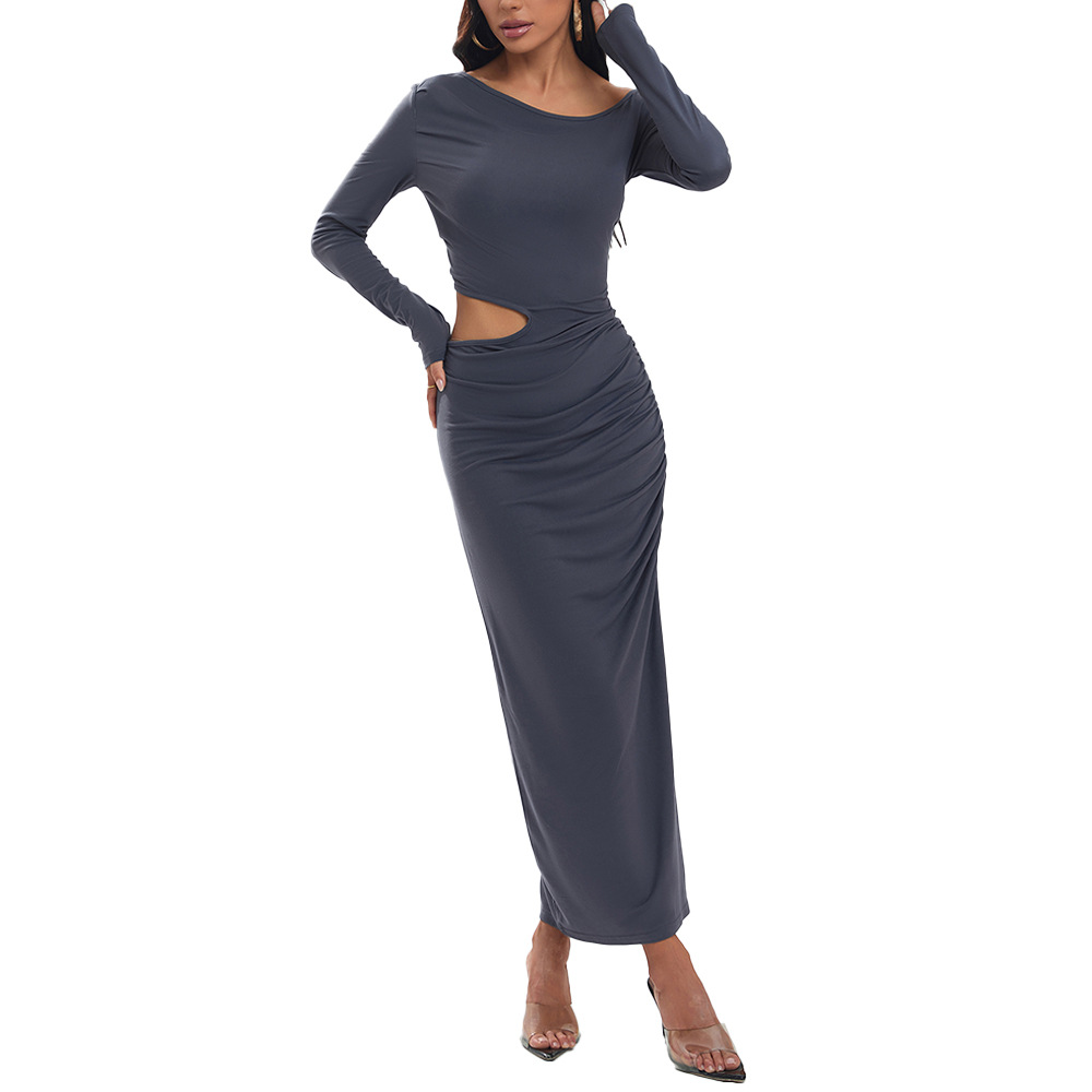 Autumn Winter New Slim Sexy Hollow Out Slit Hip Mid Length Party Dress