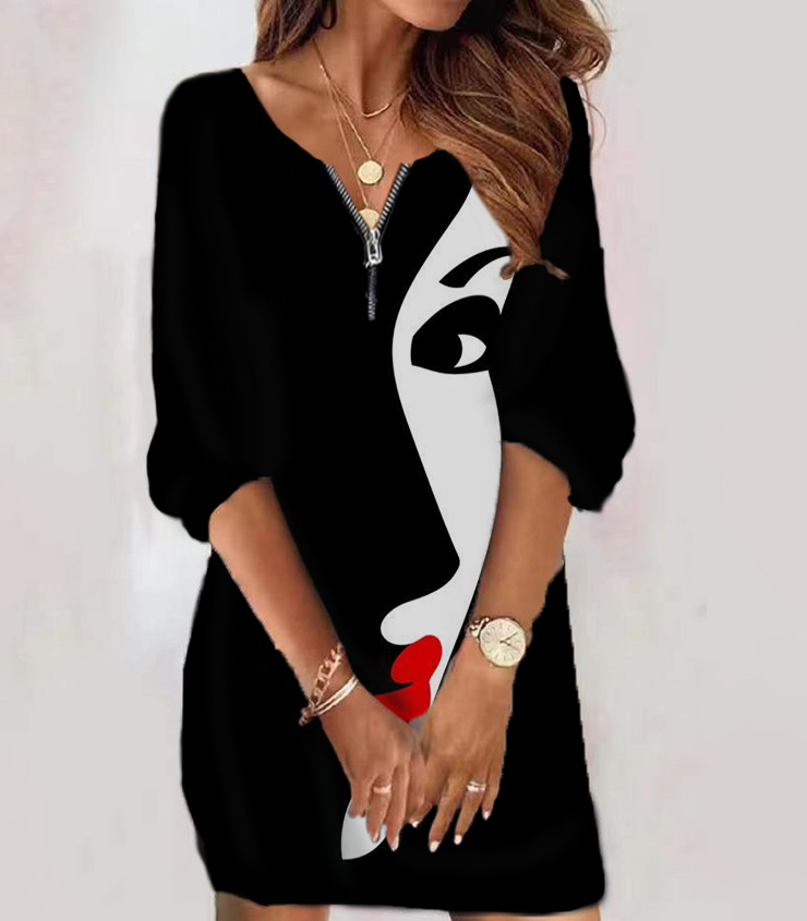 Women's Printed Crew Neck Long-Sleeve Zip Dresses