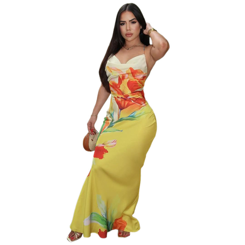European and American Summer New Women's Elegant Color blocking Floral Print Halter Slim Fit Bodycon Long Dress
