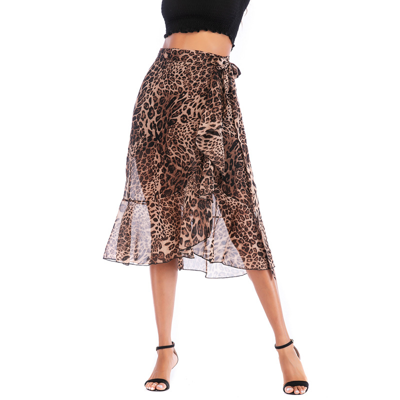 Chiffon Printed Midi Skirt High Waist Tie Detail Leopard Print Casual Spring Fashion for Women Wholesale Available