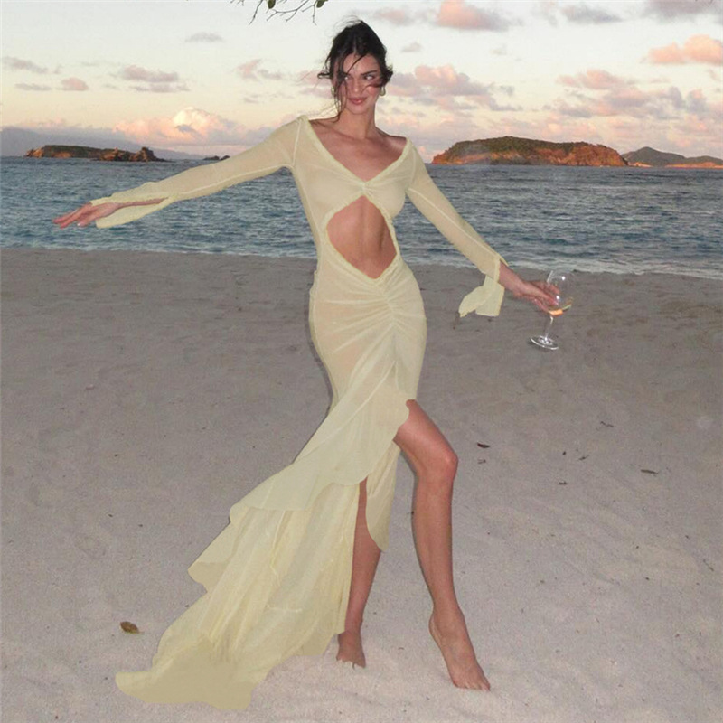 European and American Cross border Summer Women's New V neck Sheer Sexy Hollow Pleated Lace Slim Dress