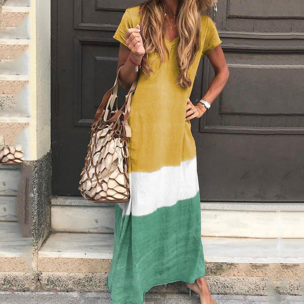 Summer Womens Maxi Dress Color Block Loose Fit V Neck Short Sleeve Casual Wear for Parties or Beach Wholesale