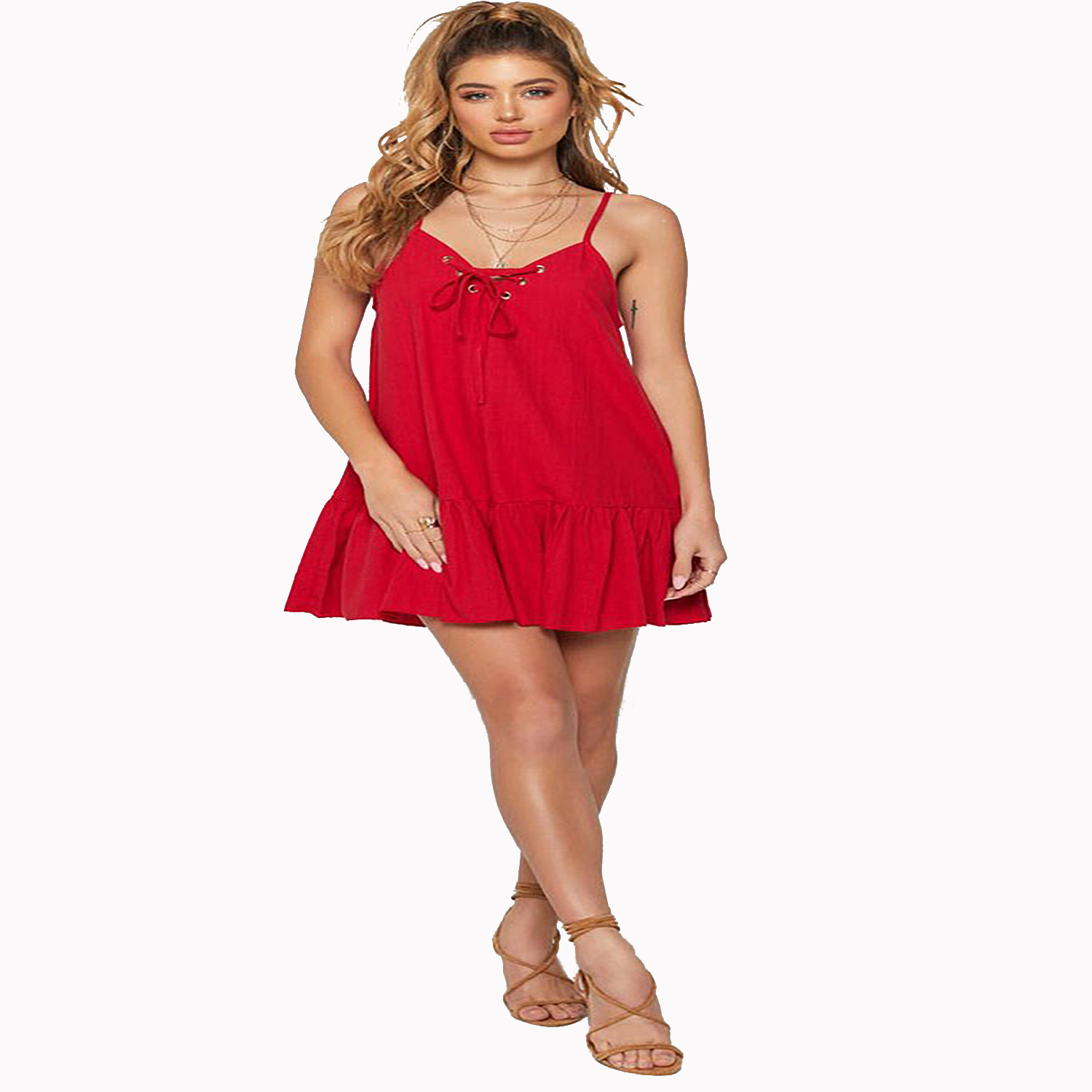 Fashionable Womens Backless Ruffle Hem Cami Dress Simple Vacation Style Lightweight Fabric Wholesale Available