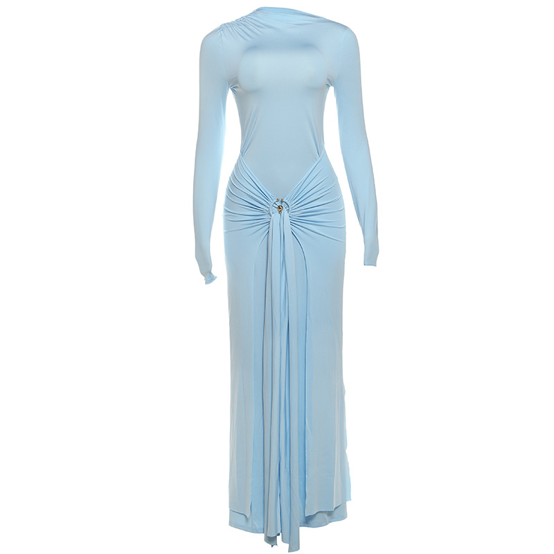 Elegant Long Sleeve Solid Color Dress with Decorative Ring and Tie for Women, Stylish Autumn Collection, Perfect for Various O