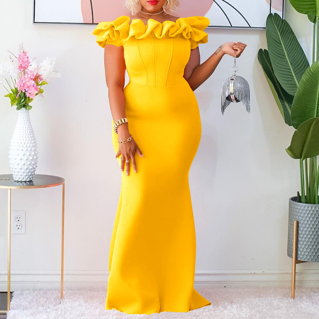 European Market Elegant Mermaid Dress — Solid Color, Ruffle Trim, Slim Fit, Evening Gown — Formal Occasion — Wholesale Supply