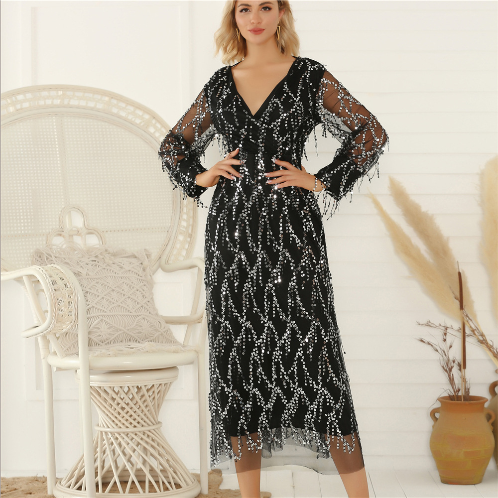 Sequin Fringe V Neck Dress Sexy Elegant Party Wear Womens Fashion Wholesale Available OEM ODM service