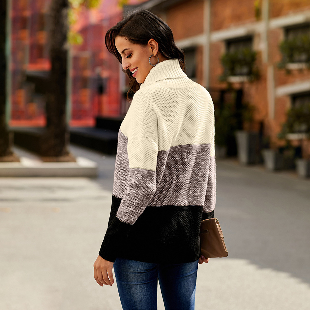 Womens Turtleneck Sweater Winter Collection European Style Color Block Design Long Sleeve Knit Top Wholesale