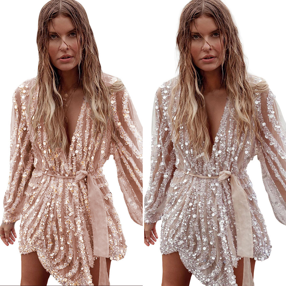 Sequin Mini Dress for Women V Neck Long Sleeve Asymmetrical Design Evening Party or Cocktail Wear Wholesale
