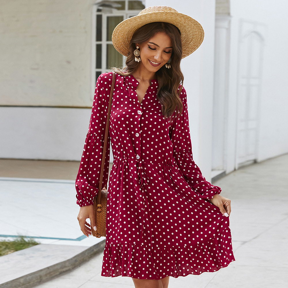 Fashion Womens Dress Long Sleeve Polka Dot Comfortable Cotton Blend Spring Summer Casual Wear Wholesale Available