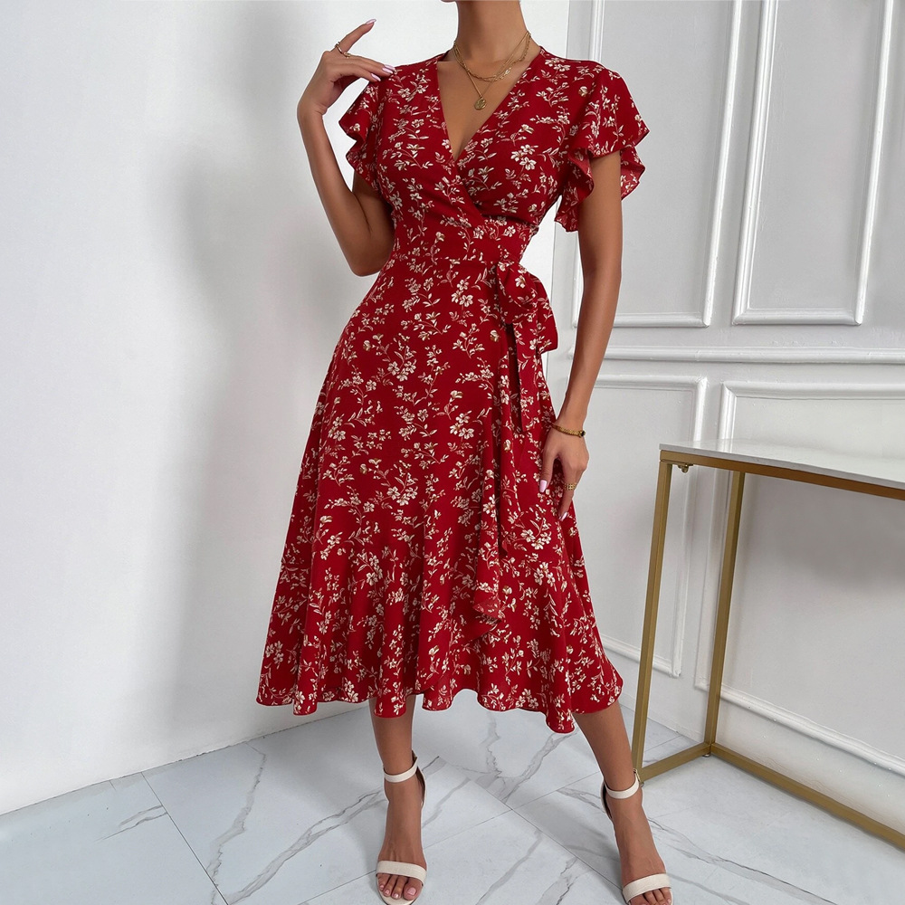 Sexy Deep V Tie Waist Floral Vacation Midi Dress for Women