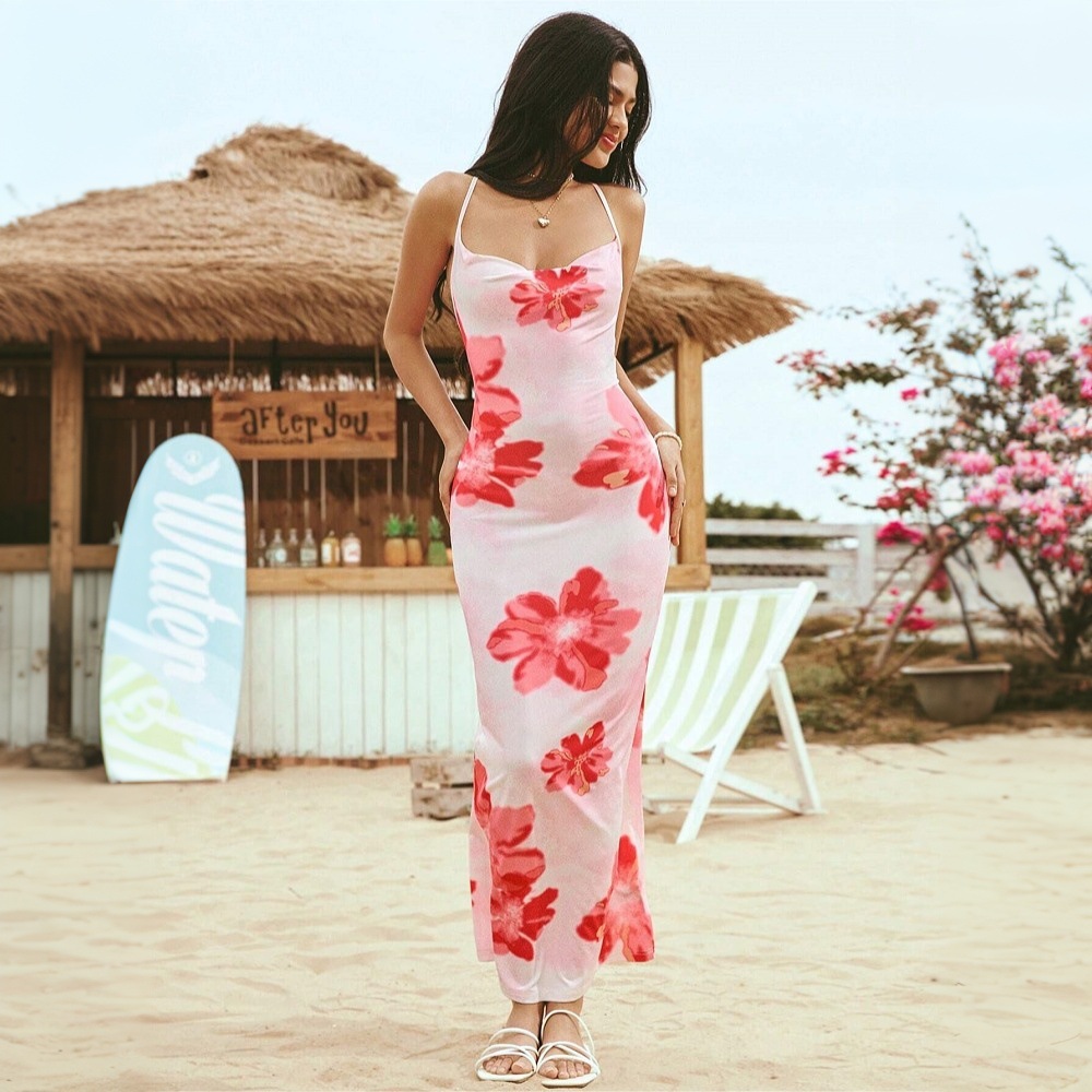 Summer Maxi Dress Floral Print Beach Style Lightweight Fabric Perfect for Travel and Vacation Wholesale Available