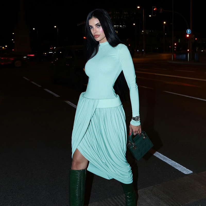 European and American Cross border Autumn and Winter New Women's Fashion Color blocking Solid Long Sleeve Slim Fit Ruffled Split Sexy Dress