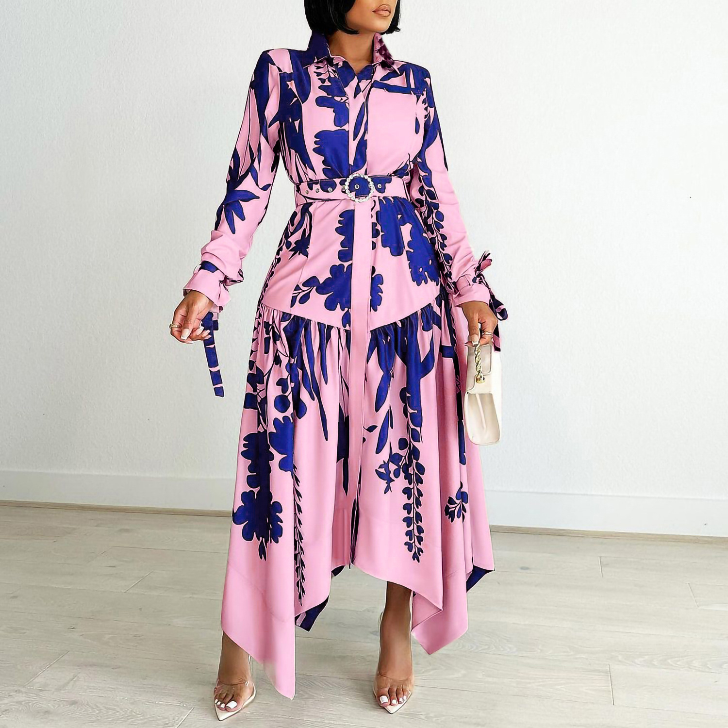 Plus Size Women's Fashion Dress with Irregular Collar, Elegant Printed Design for Cross Border Trade in Europe and America