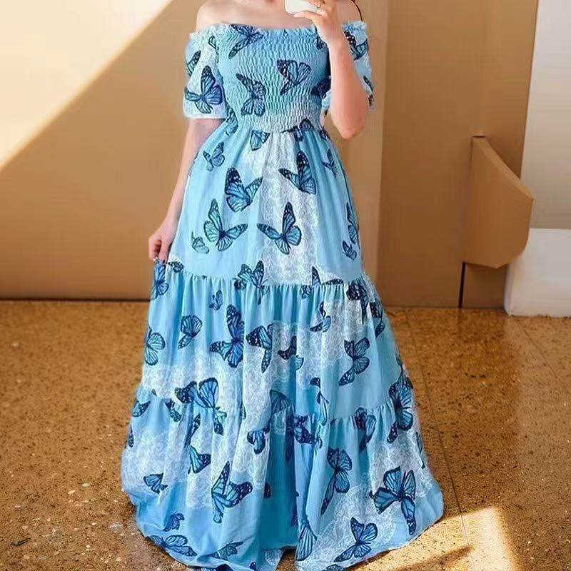 New Spring Summer European and American Foreign Trade Women's Dress One Shoulder Floral Dress Fashion Off Shoulder Long Dress