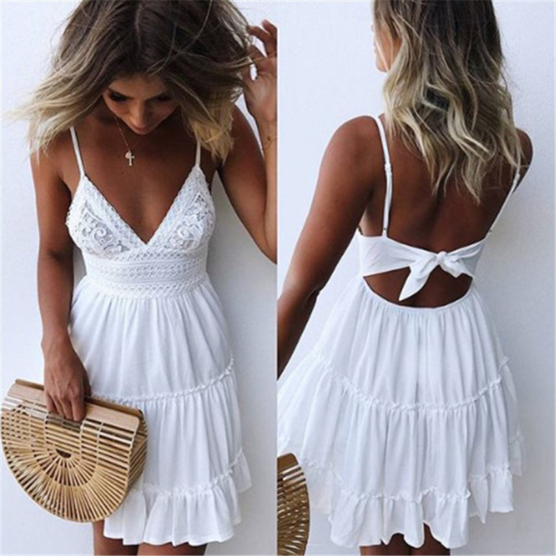Lace Spaghetti Strap Dress Sexy Backless Design Bow Detail Available in 3 Colors Perfect for Parties and Special