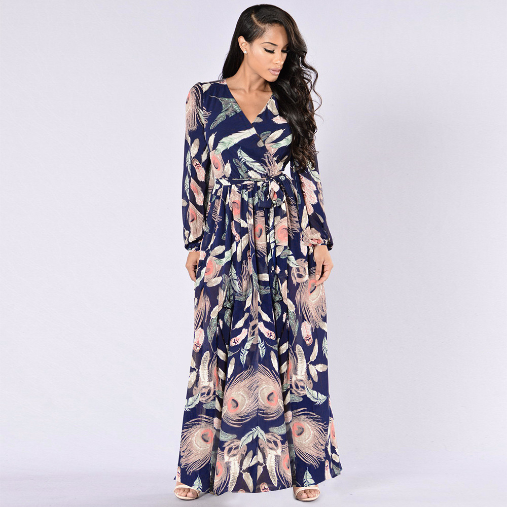 Long Sleeve Floral Print Dress V Neck Tie Detail Elegant Design Spring Summer Fashion Wholesale Available