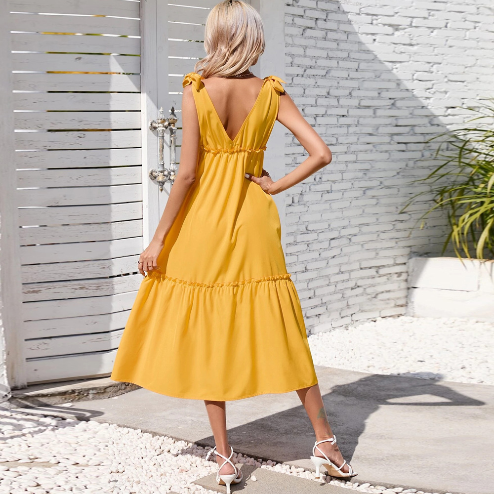 New Slim Waist Casual Vacation Beach Large Hem Spaghetti Strap Dress