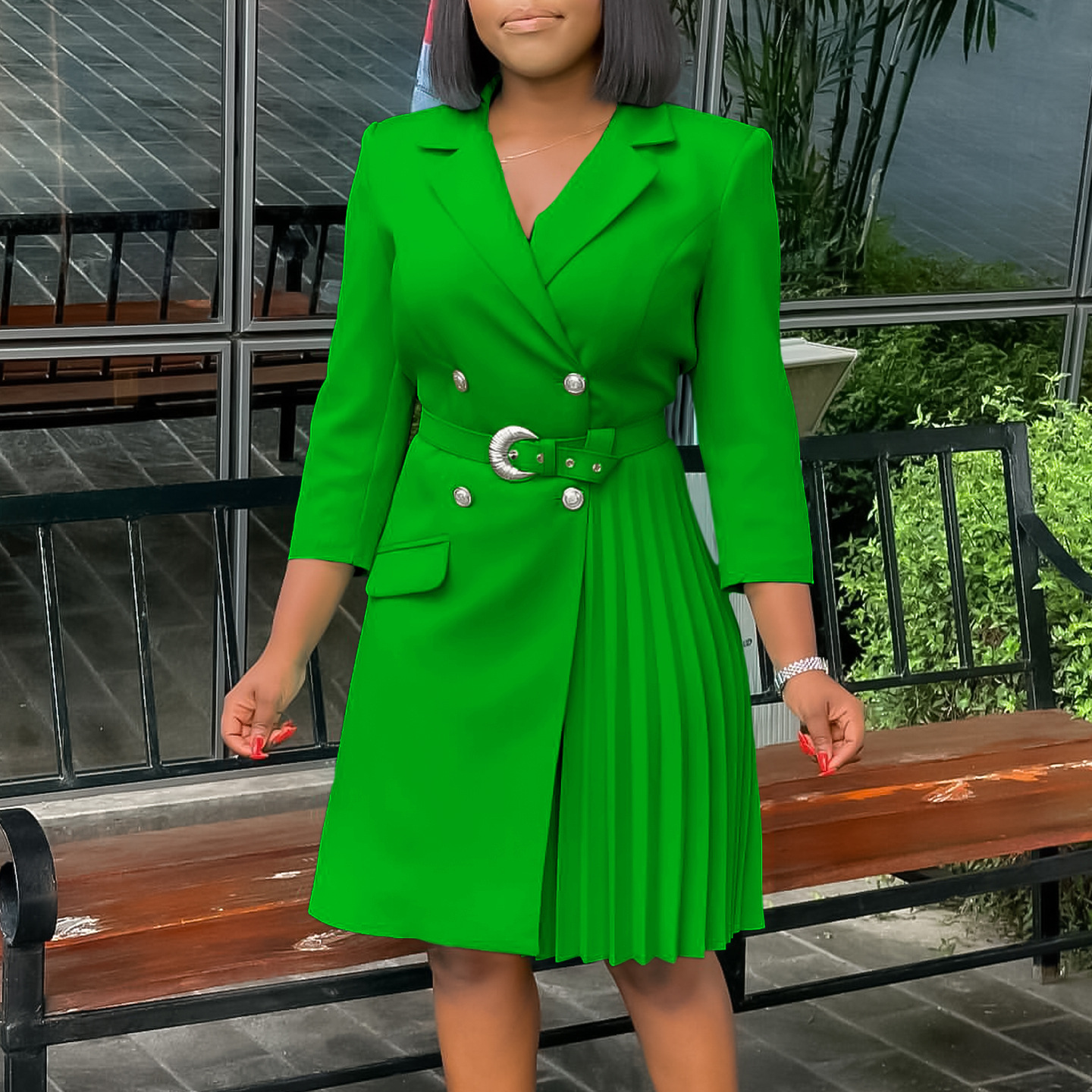 High Waist Fashionable A Line Midi Dress with Pleated Design and Waist Cinching Detail for Women, Perfect for Business and Cas