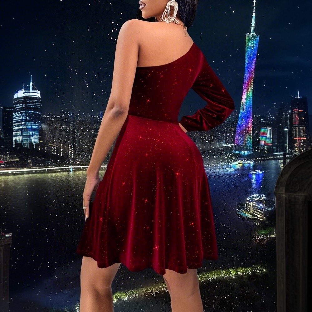 Elegant Burgundy One Shoulder Dress Sexy Fit Short Length Autumn Winter Style Wholesale Available