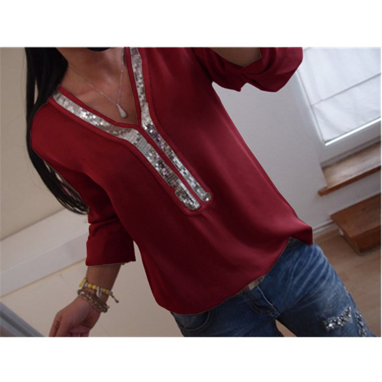 Casual Womens T Shirt Solid Color V Neck Sequin Detail Long Sleeve Plus Size Everyday Wear Wholesale Available