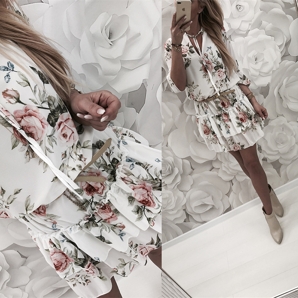 V Neck Ruffle Hem Dress Elegant Sexy European Style Perfect for Spring Occasions Wholesale Available