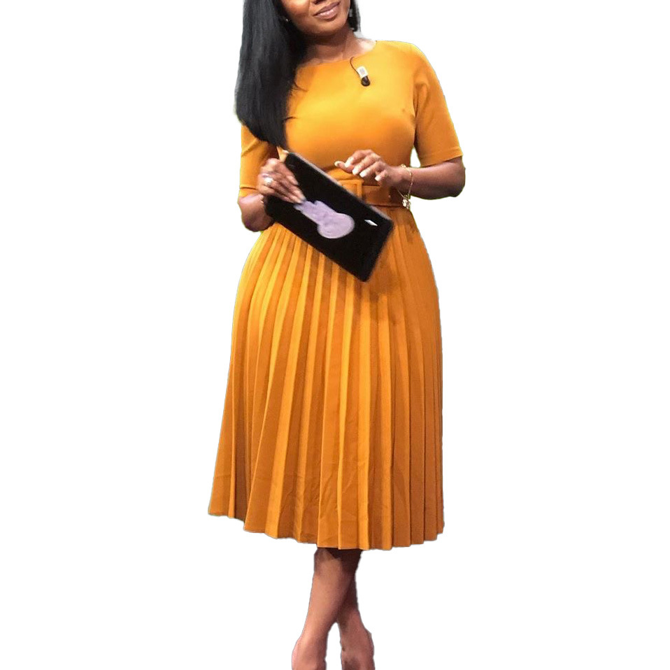 Plus Size Women's Summer Dress — African Fashion, Pleated Design, Solid Color, Short Sleeve, Elegant Style — Wholesale Supply