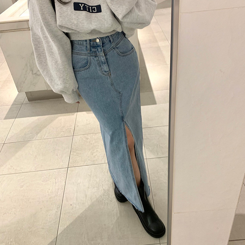 High Waisted Denim Skirt Sexy Front Slit Street Style Versatile Design Spring Collection Wholesale Available