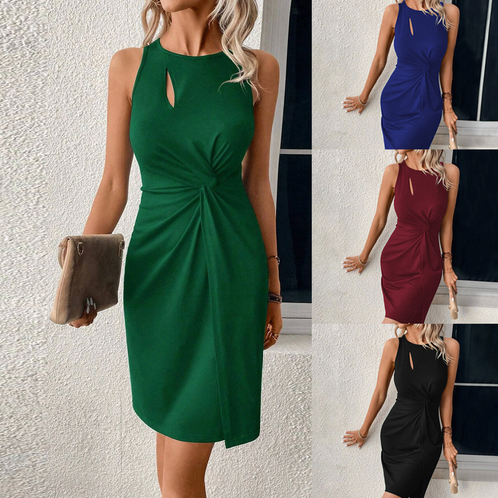 European and American Style Sleeveless Hollow Out Slim Fit Round Neck Elegant Work Dress