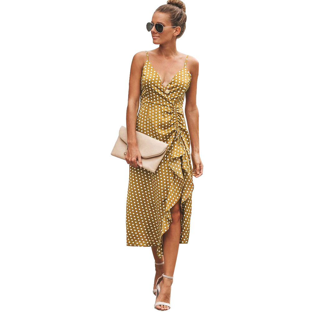 Summer Polka Dot Dress Sleeveless Off Shoulder Tail Hem Womens Casual Wear for Parties and Events Wholesale
