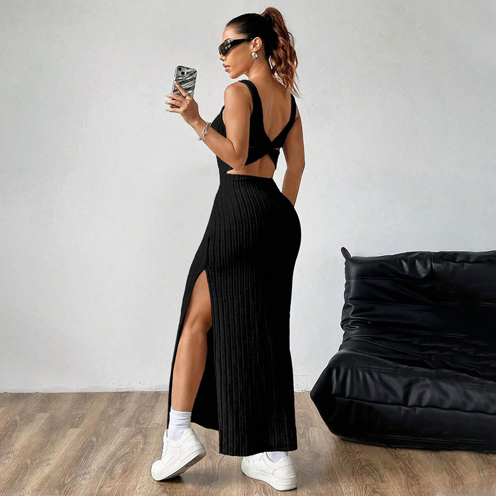 Summer Casual Sleeveless Dress High Waist Slit Long Dress