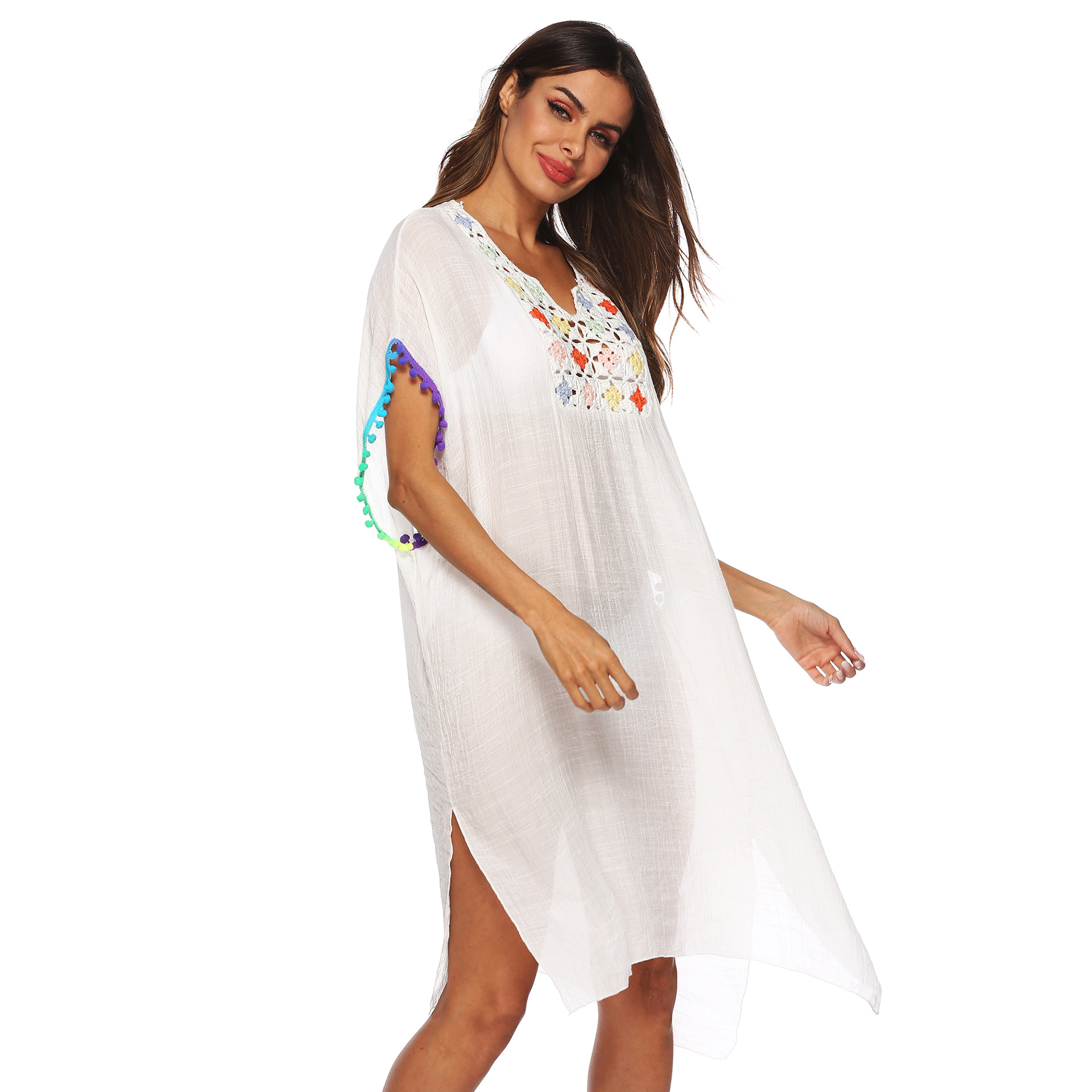 Loose Fit Crochet Lace Trim Tassel Beach Cover Up Dress Lightweight Bohemian Style Summer Wear Wholesale Available