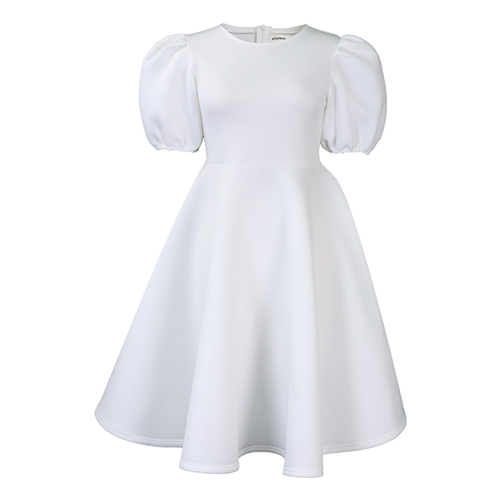 European and American Markets A Line Dress — Round Neck, Puff Sleeves, Waist Cinched, Flared Skirt — Formal Occasion — Wholesa