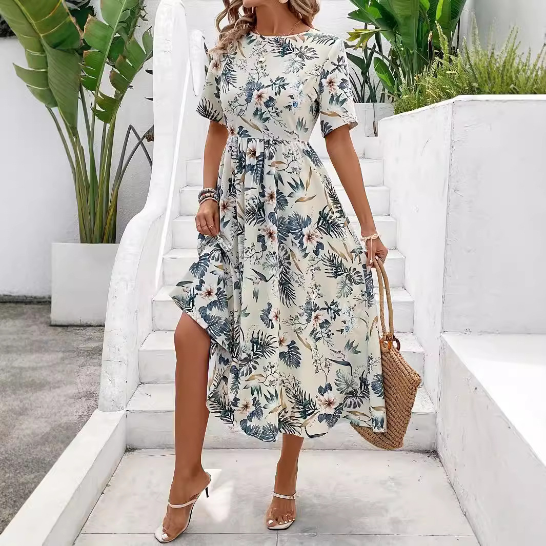 Elegant Summer Floral Print Waist Defined Long Dress Slim Fit Comfortable Fabric Versatile Style Wholesale Available