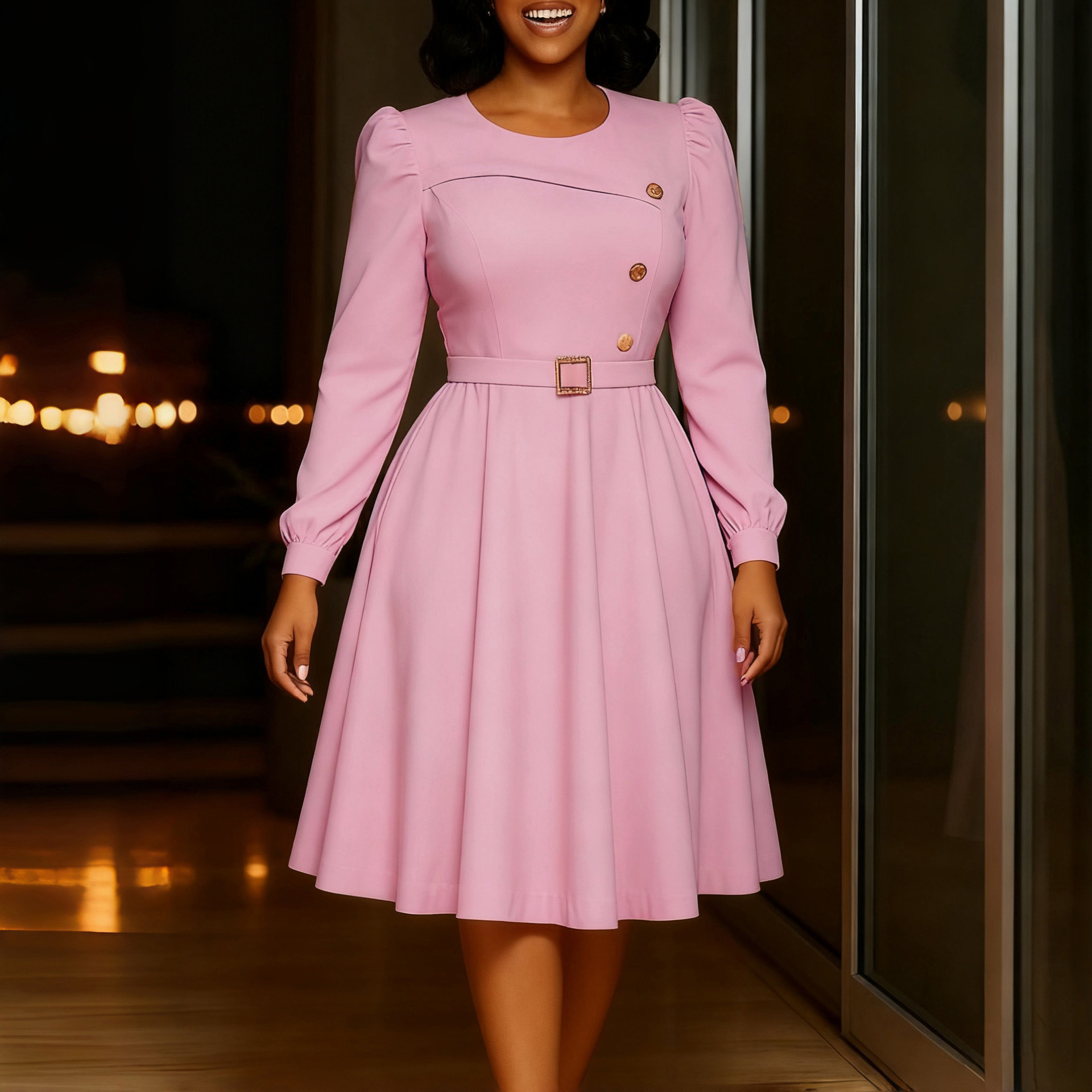 New Style Round Neck Long Sleeve High Waist A Line Dress Elegant Party Solid Color Foreign Trade African Dress