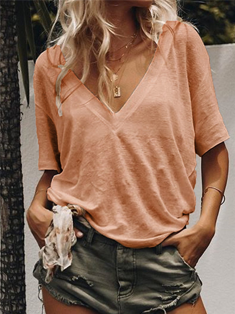 Womens Casual T Shirt V Neck Short Sleeve Solid Color Versatile Everyday Wear Wholesale Available