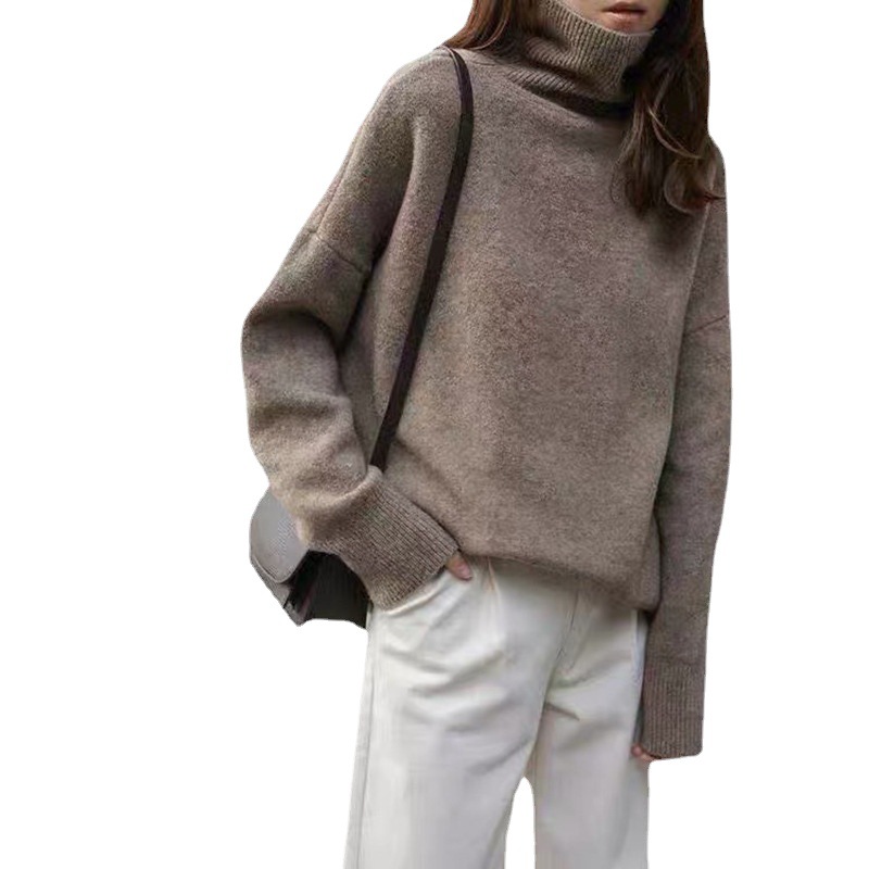 High Neck Womens Sweater Premium Quality Simple Design Solid Color Early Autumn Knitwear Wholesale Available