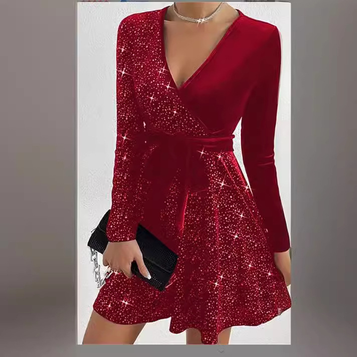 Velvet Sequin Dress Solid Color Sexy Style Autumn Winter Collection Ready to Ship Low MOQ private label